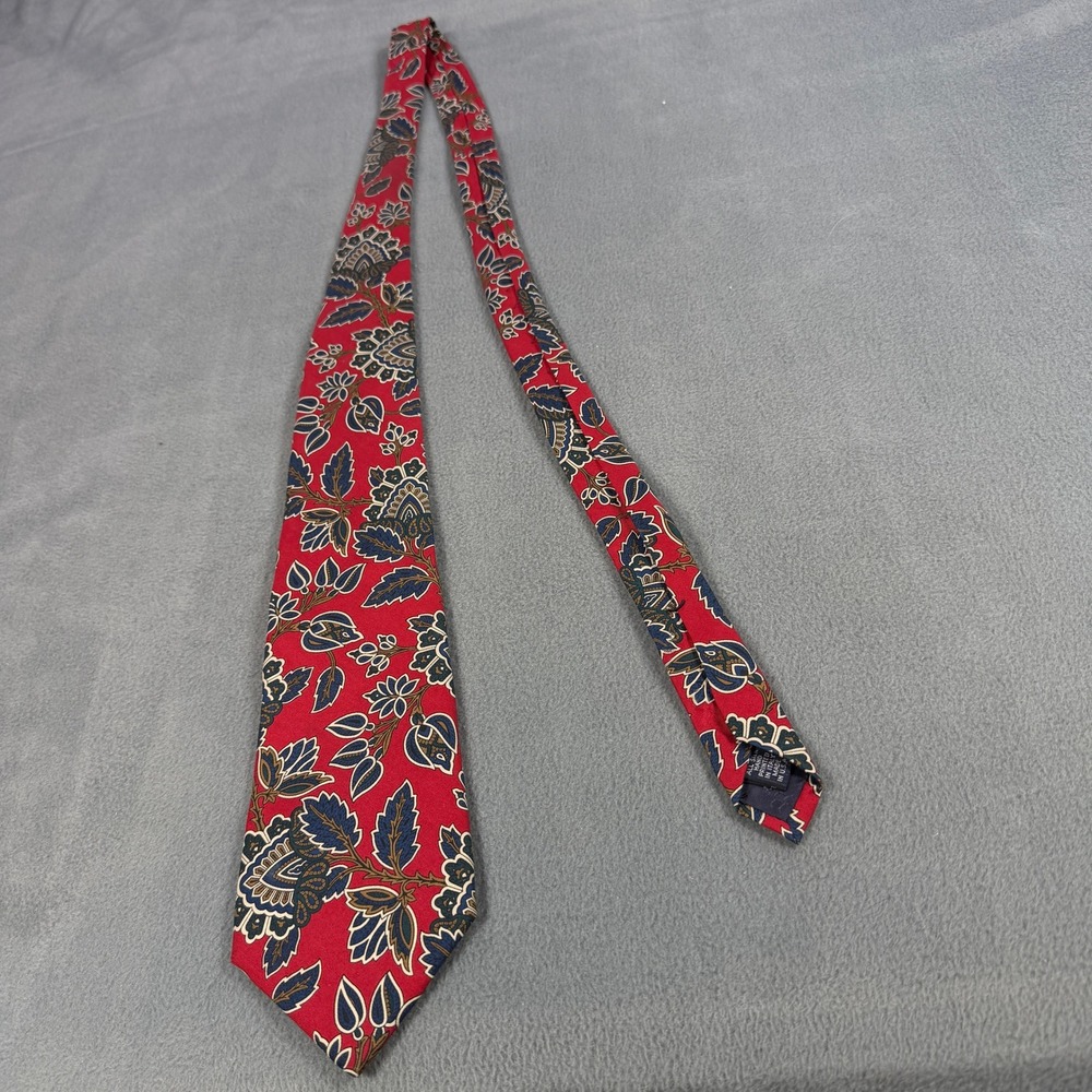 Roundtree & Yorke Mens Red Floral Silk Tie Hand Printed Italy Hand Sewn USA